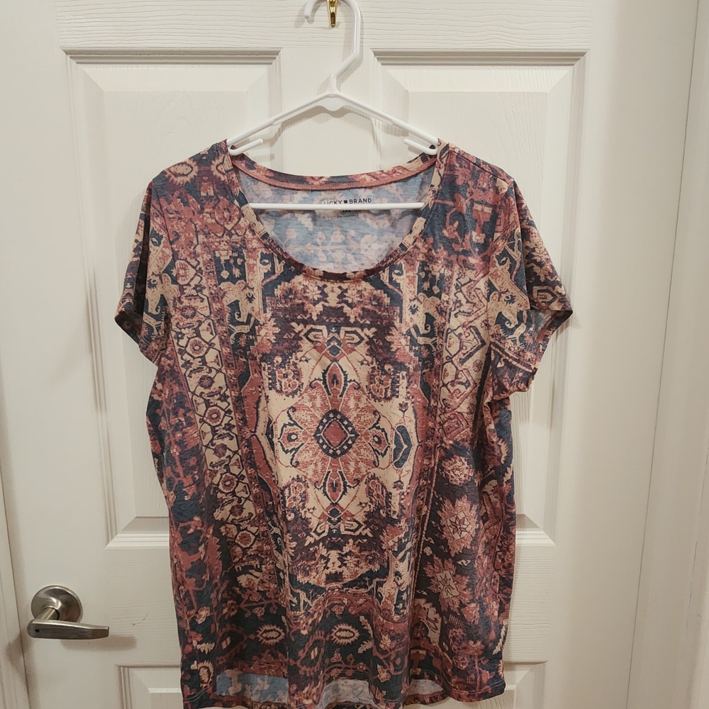 Lucky Brand Rust and Navy Ornate Print Short Sleeve Tee